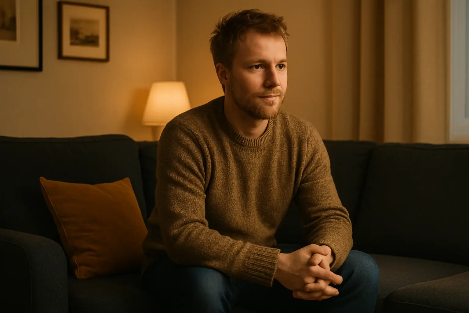 Kolmekymppinen isä istuu villanvärisessä olohuoneessa laivastonsinisellä sohvalla, vieressä sinapinvärinen tyyny.